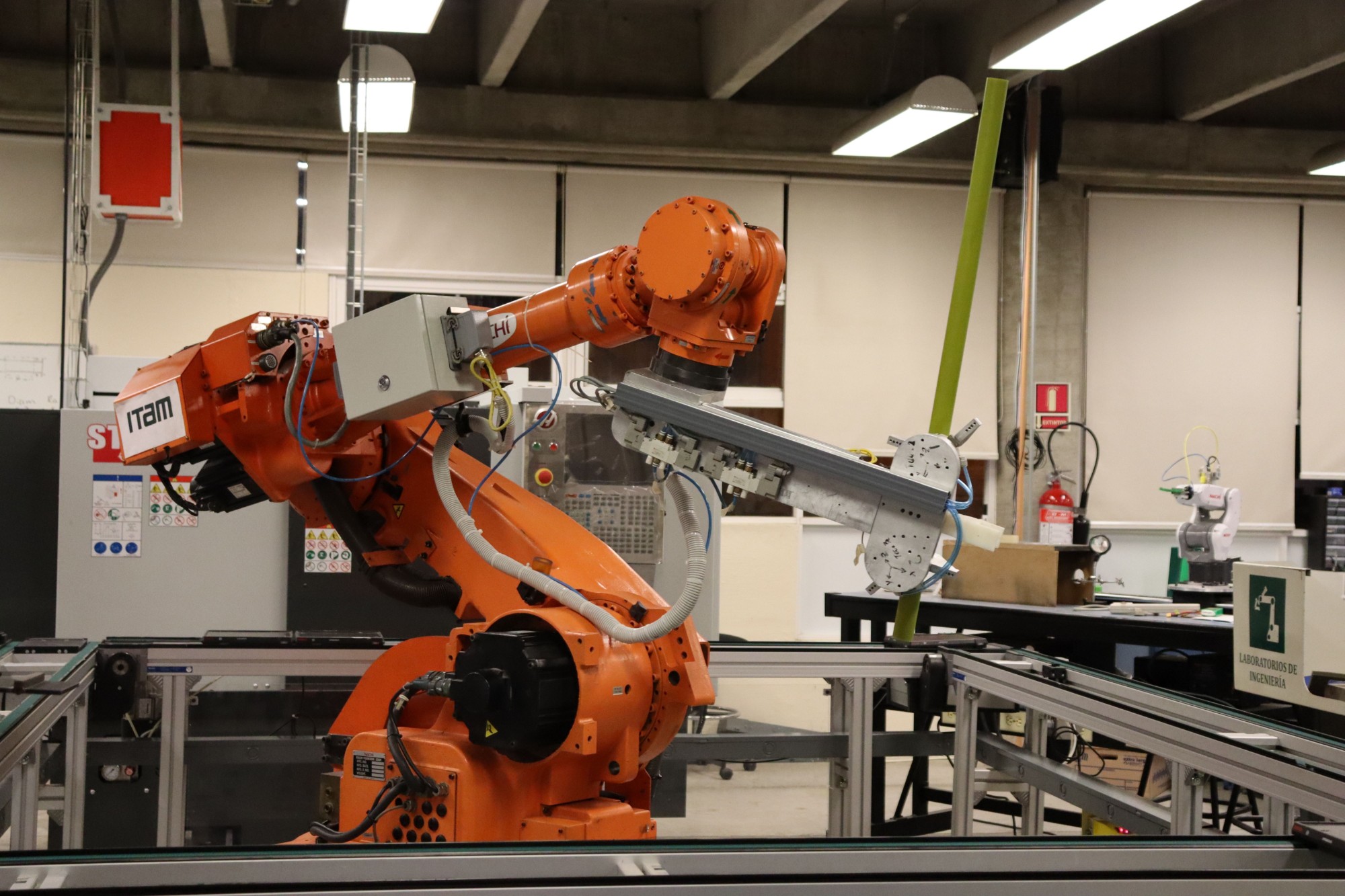 An industrial robot arm in an engineering lab